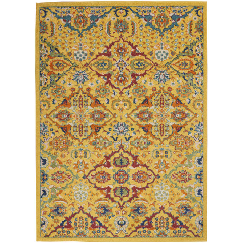 Tapis jaune à motif floral Weirton, Rectangle 4 pi x 6 pi