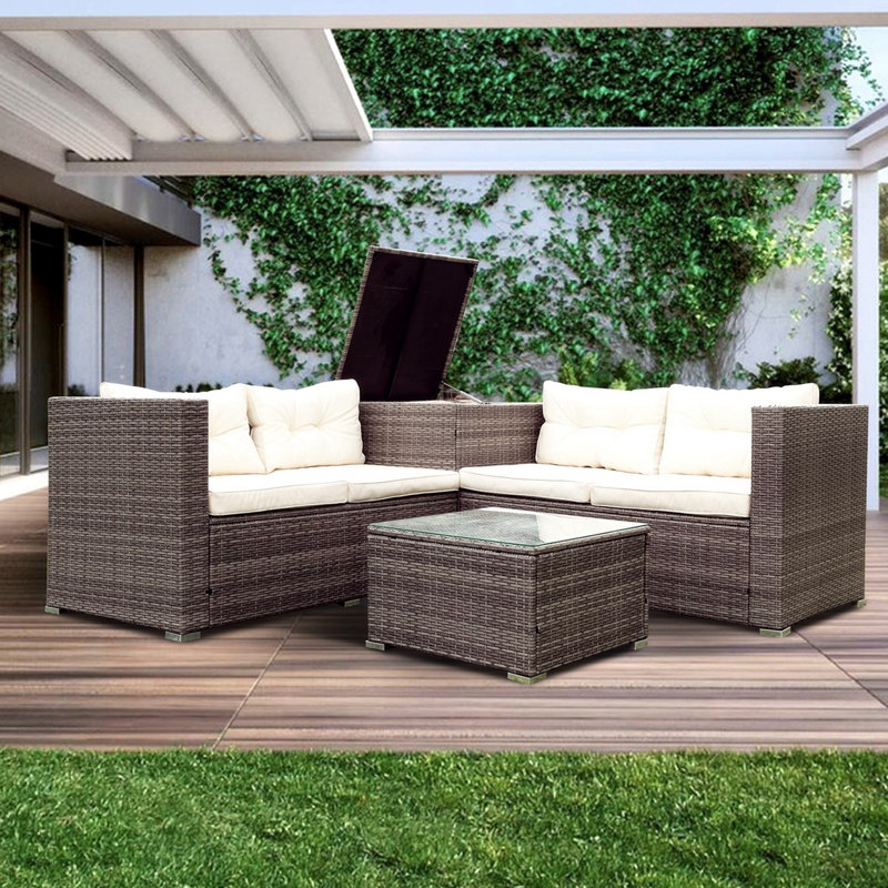 Ensemble de conversation modulaire en osier avec coussins 4 pièces Bernadea, Crème
