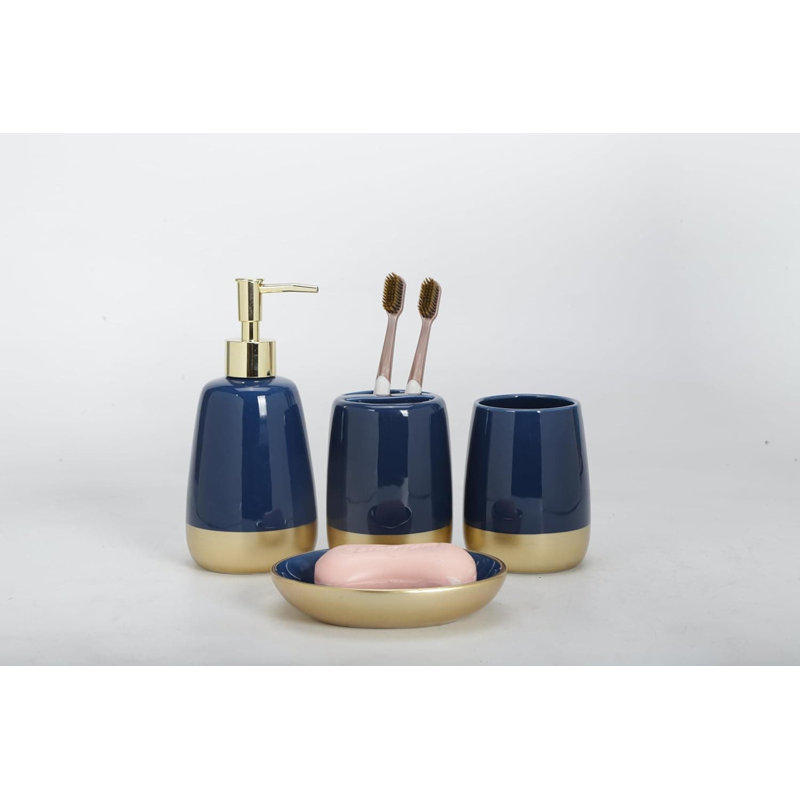 4-Piece Navy Blue Gold Luxury Ceramic Bathroom Set: Soap Dispenser, Toothbrush Holder, Tumbler, Soap Dish