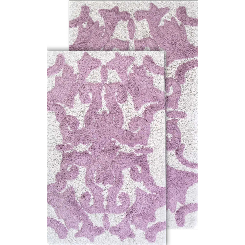 Elar Turkish Cotton Non-Slip Bath Rug, White / Lilac