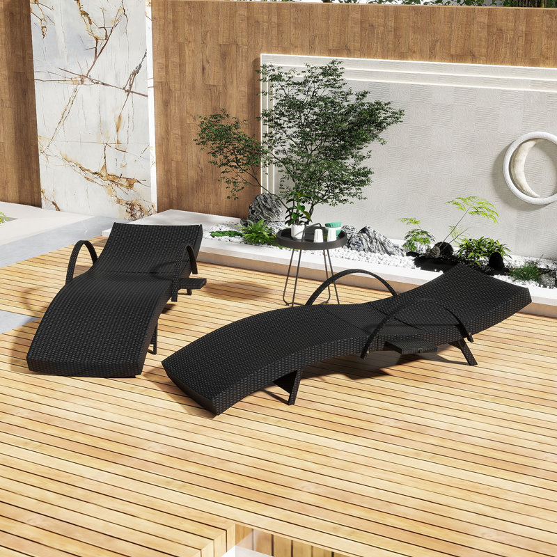 Ensemble de chaise longue de patio en osier toutes saisons avec table d'appoint coulissante et dossier réglable, Black