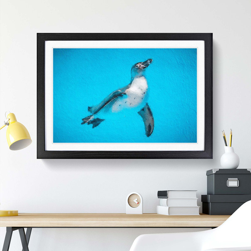 Swimming Penguin - Picture Frame Painting Print, Black Framed, 48cm H x 65cm W x 2cm D