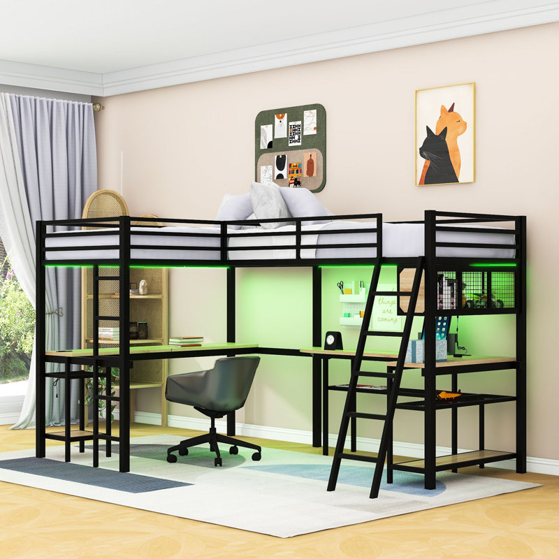 Lit mezzanine simple en forme de L avec double bureau, éclairage à DEL et stations de charge intégrées