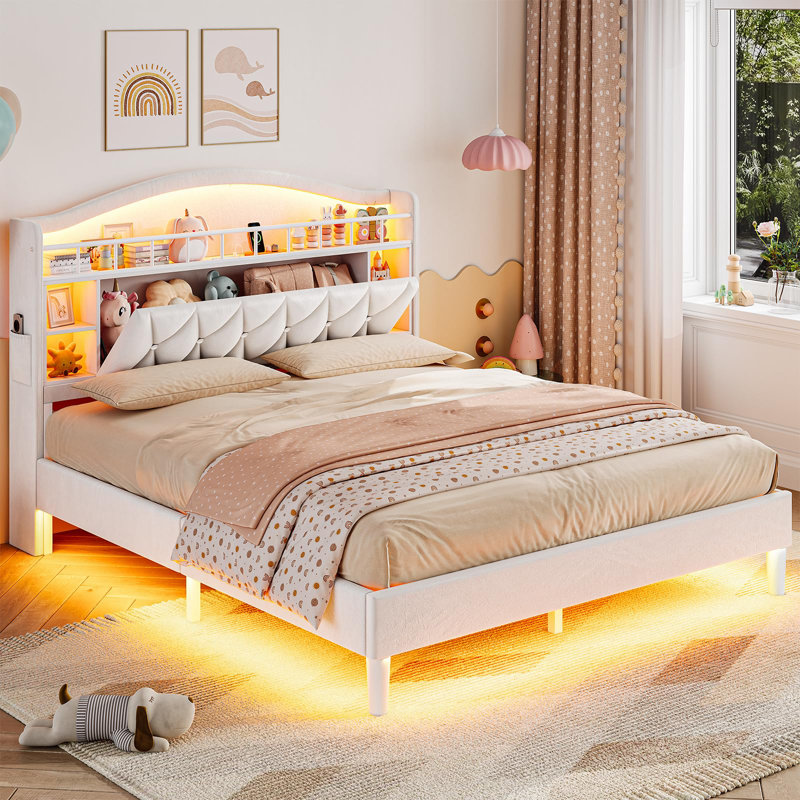 Velvet Upholstered Platform Bed With Led Lights And Charging Station, Princess Bed Frame With Led Lights Headboard,guardrail,crystal Button, No Box Spring Needed
