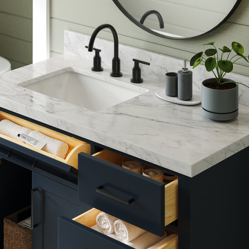Meuble-lavabo simple en bois massif Tidworth de 42 po avec plateau en marbre de Carrare de 1,5 po, Gauche, Bleu minuit