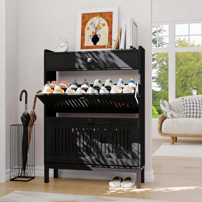 Modern Wooden Shoe Storage Cabinet – 2 Turn Drawers, Large Top Drawer, Adjustable Shelves, Hidden Organizer, Space-Saving, Ideal for Entryway, Hallway, Living Room – Black