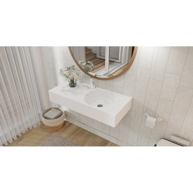 Lavabo de salle de bain mural rectangulaire en résine avec trop-plein 39,4 po x 17,7 po Badeloft WT-02-B-M, Blanc mat