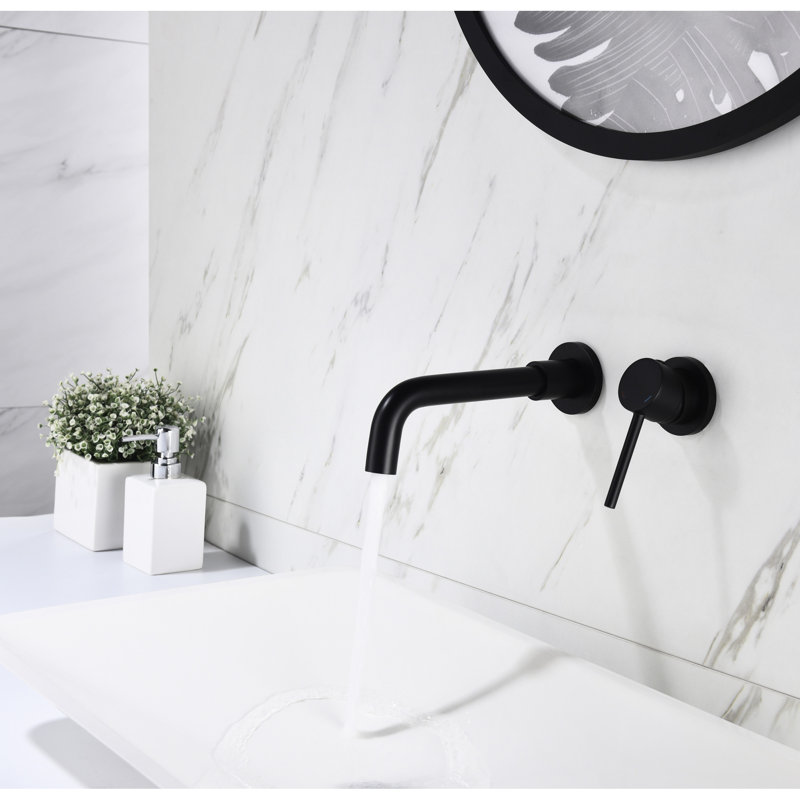 Robinet de salle de bain mural à poignée simple avec bonde escamotable pour éviers sans trop-plein, éblouissement noir mat, bec de livraison à 360 degrés, route de passage d'eau aérée à haute efficacité et installation rouillée, rapide