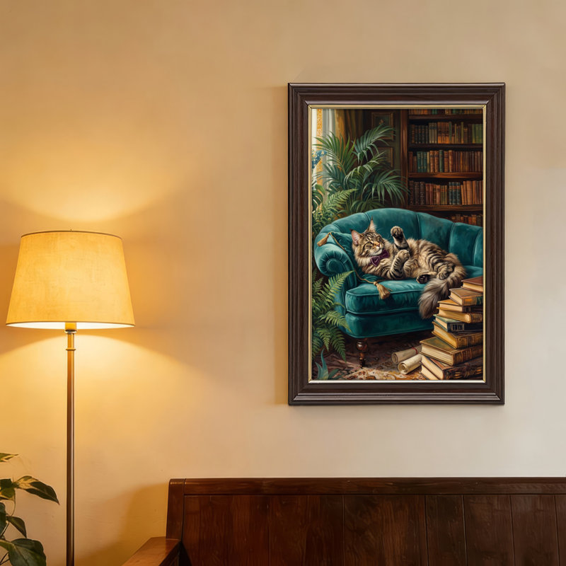 Art mural antique sur toile encadré doré pour le salon, la chambre à coucher, le bureau ou le vestibule - Décoration murale décorative avec bibliothèque pour chat
