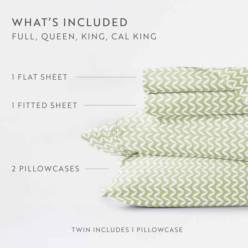 Simply Soft Chevron Geo Pattern Sheet Set, Queen Sheet Set + Fitted Sheet + 2 Pillowcases, Sage