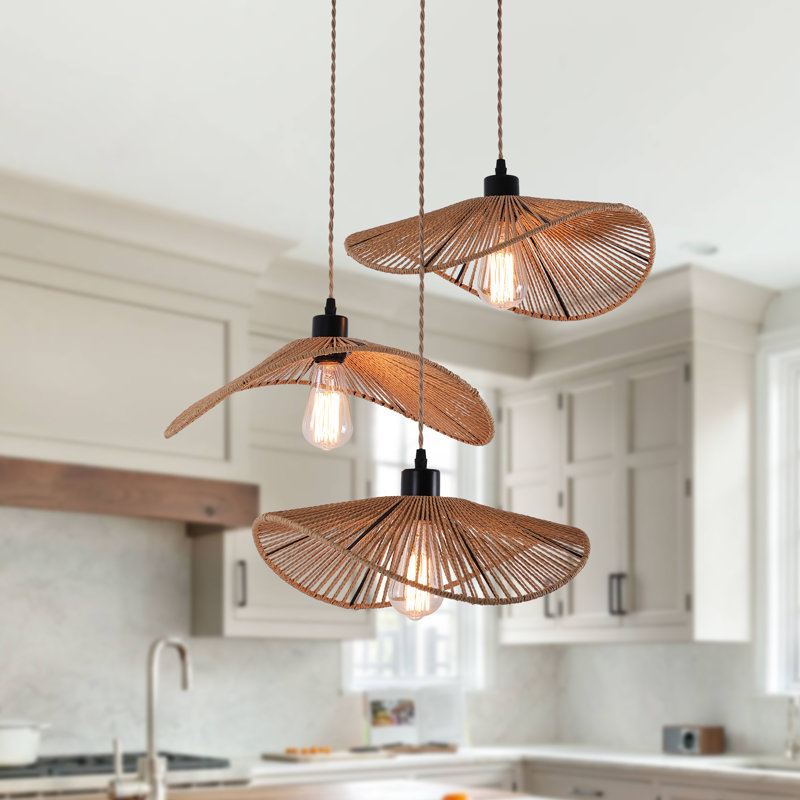 Nia 3-Light Rattan Dimmable Cluster Pendant Light, Brown, 3 Lights
