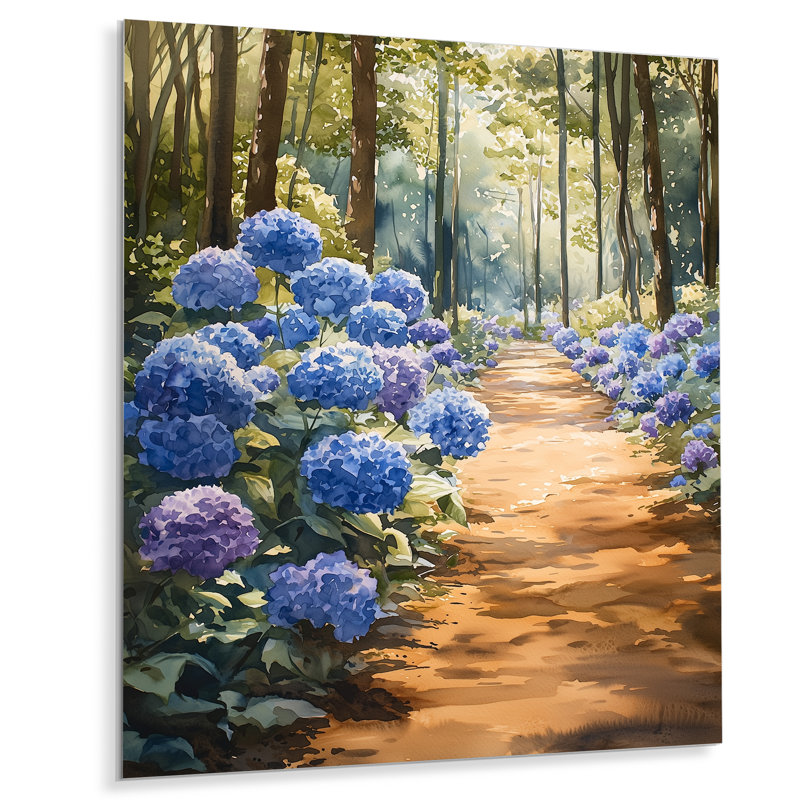 Hydrangeas in the Garden Path I - Hydrangea, impression murale sur métal, H 20 po x l 12 po