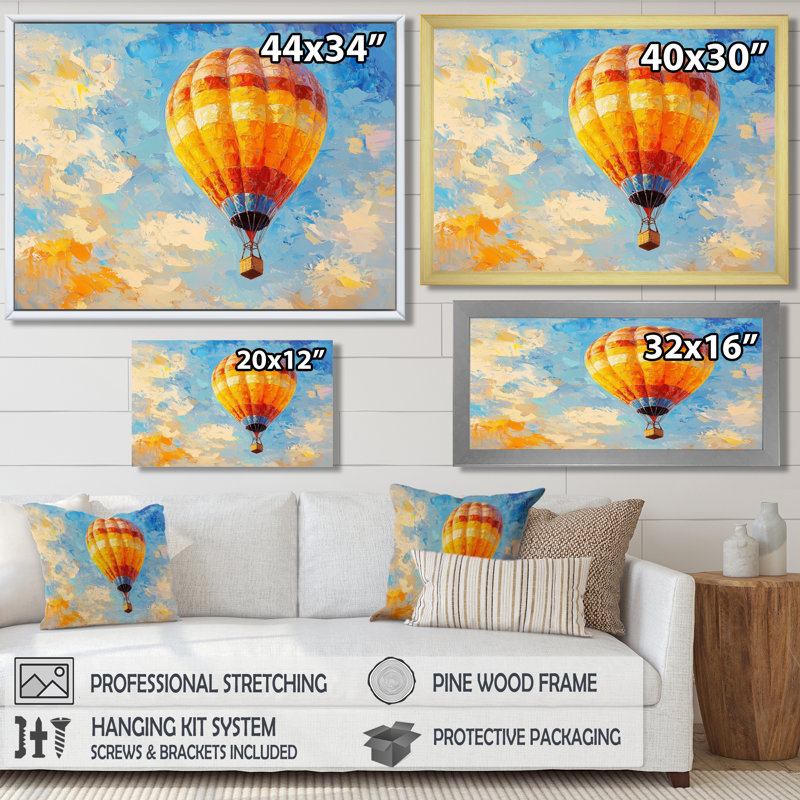 «Hot Air Balloon Up In The Sky I» - impression sur montgolfière, H 16 po x l 32 po, Argent argent