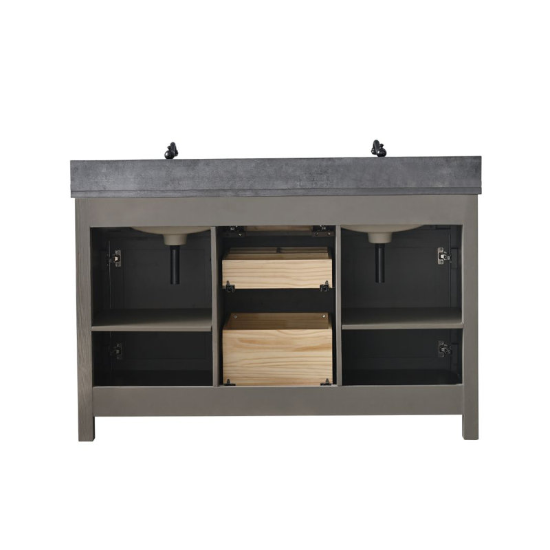 Ensemble de meuble-lavabo double 54 po Ajiya, Gris texturé / noir mat, Calcaire bleu