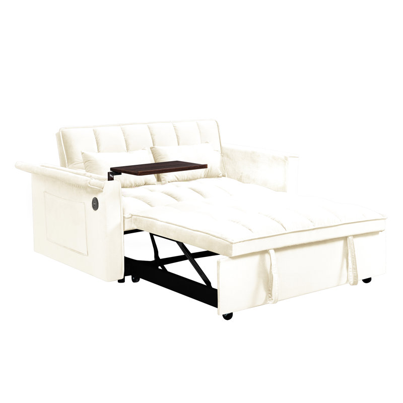 Lit moderne en velours pliable, 31 avec table d'appoint réglable, sac de rangement, coussin, beige pour le dos de la maison, le salon et la chambre à coucher