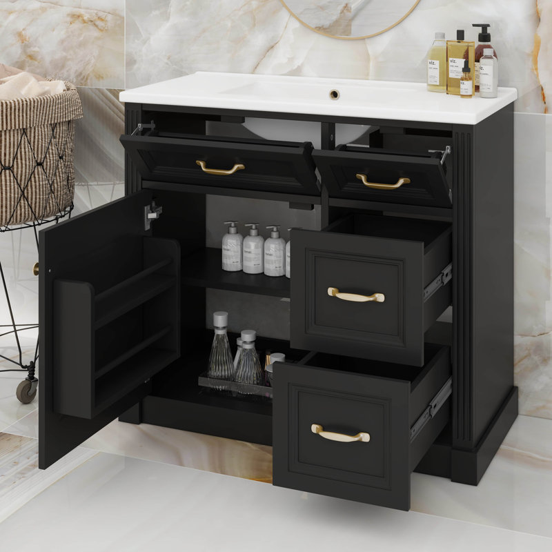Ensemble de meuble-lavabo 36 po avec lavabo 36 po, 2 tiroirs et 2 tiroirs rabattables, tablette réglable, Noir