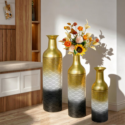 Decorative Metal Vases Set Of 3, Leaf Pattern Floor Vases, White & Gold & Black Tall Vases For Home Decor, Living Room Entryway Decor