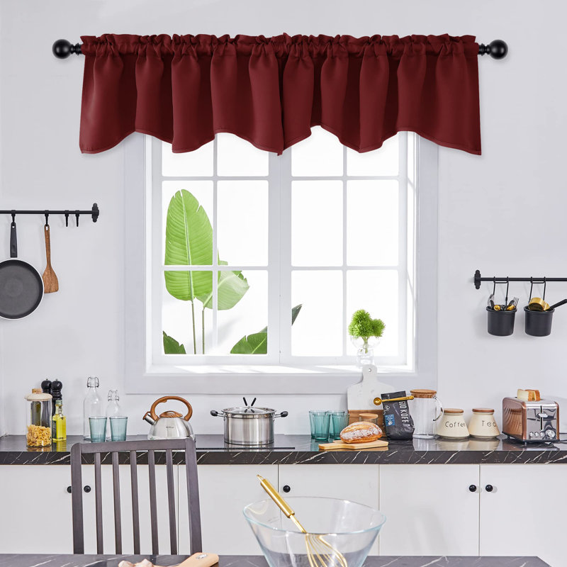 Rod Pocket Blackout Scalloped Kitchen Valances,1 Panel, Maroon Red, 52" W x 18" L