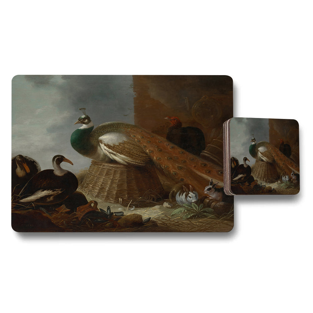 Peacock and Birds Art Placemat and Coaster Set for Kitchen Decor