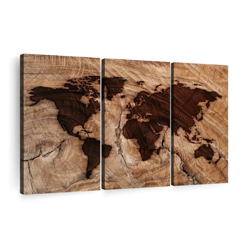 " Branded Wood World Map " 3 - Pieces, 36" H x 57" W x 1.25" D