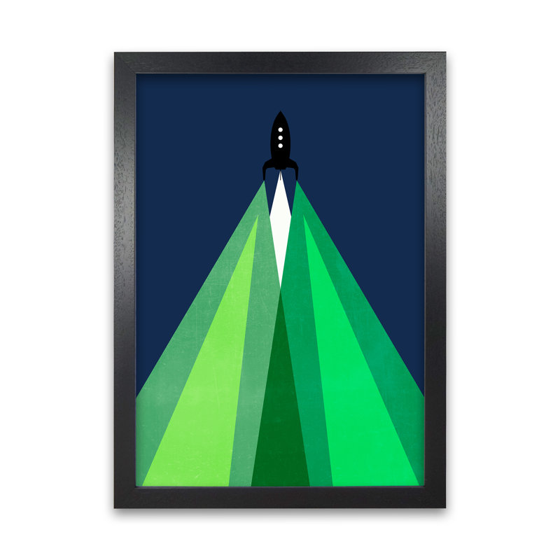 Green And Blue Kids Rocket - Print, 30cm H x 21cm W x 3cm D, Black Frame