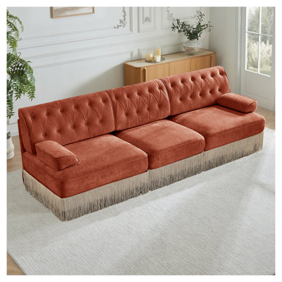 Canapé modulaire capitonné en velours rouge à 3 places avec frange, canapé modulaire adapté aux animaux de compagnie
