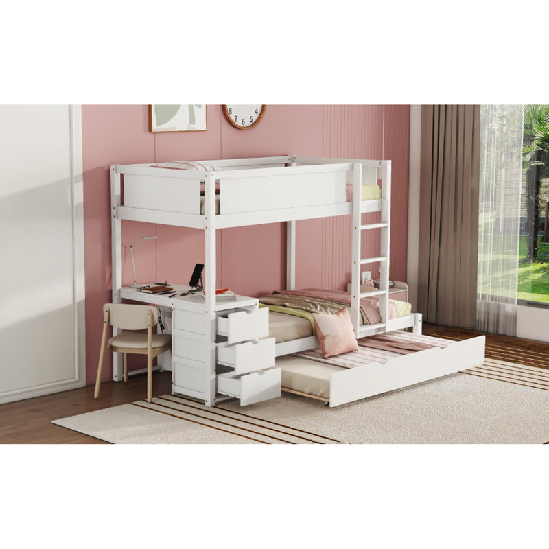 White Twintwin Bunk Bed With Ports And Trundle - Practical Bedroom Furniture Space Optimized Desk, Storage, Twin
