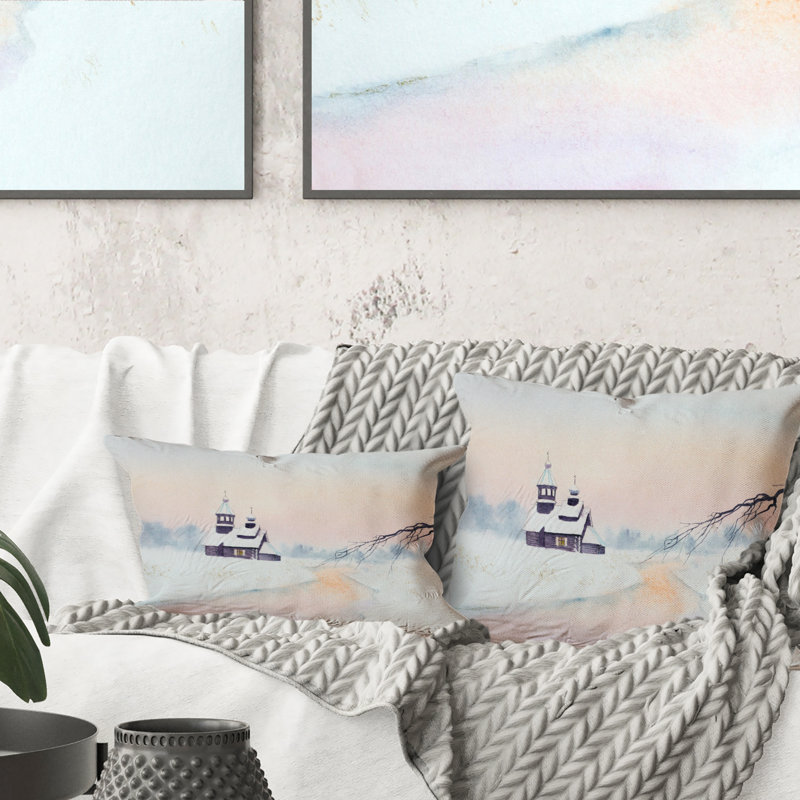 Paysage d'hiver avec rivière et église en bois - coussin décoratif imprimé Lake House 1