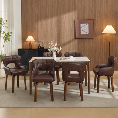 360° Swivel Faux Leather Upholstered Dining Chair With Adjustable Foot Pads, Solid Wood Legs