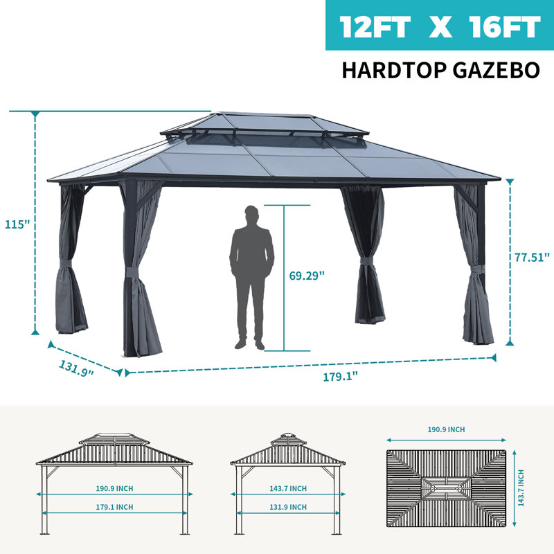 12X16FT Aluminum Double Polycarbonate Roof Hardtop Gazebo For Garden,Backyard,Etc.