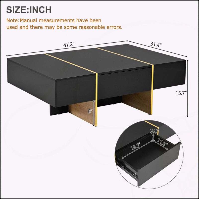 Table basse 47,2 po x 31,4 po minimaliste ultra-brillante avec 2 tiroirs, canapé rectangulaire multi-rangements pour le salon, doré
