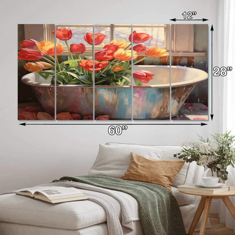«Bathaign With Blossoming Red Tulips II», reproduction sur toile - 5 panneaux égaux