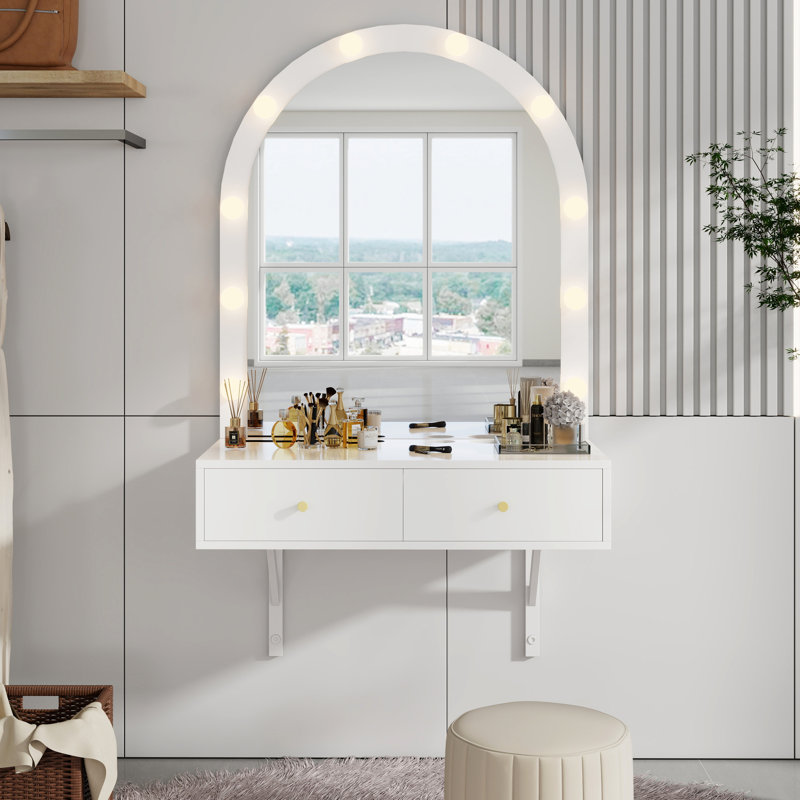White Floating Make-Up Table With Mirror & 3-Color Lights, Large Storage Compartment, Wall Mounted Space Makeup Desk White,