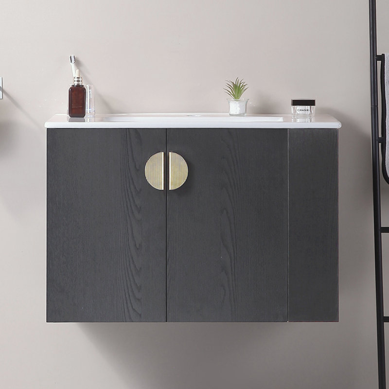 Wall Mounted Bathroom Vanity with Sink and Side right Open Storage Shelf, Black