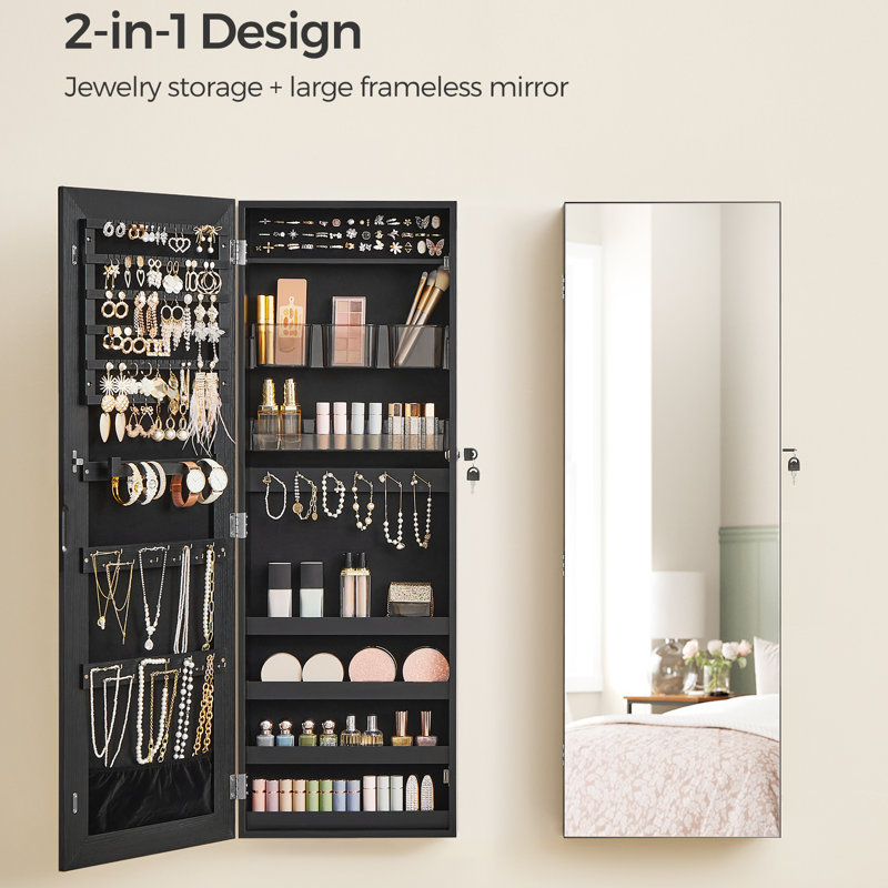Black Wall-Mounted Jewelry Armoire with LED Mirror