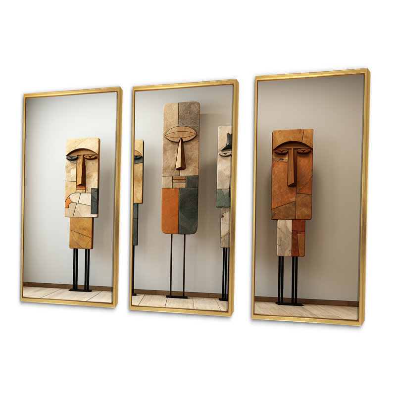 Ensemble d'œuvres d'art sur toile «African Traditional Spirit Totems», H 32 po x l 48 po, Cadre flottant doré