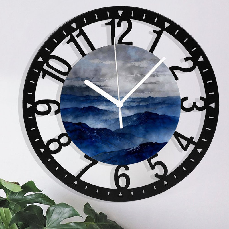 10" Round Iron Wall Clock with Silent Quartz Movement, Arabic Numerals, UV-Printed Design, Late Night Blue