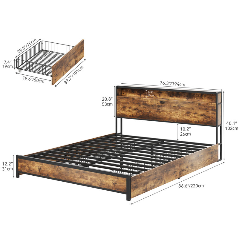 Aureana King Size Bookcase Bed with 4 Drawers, LED Lightings, Charging Station