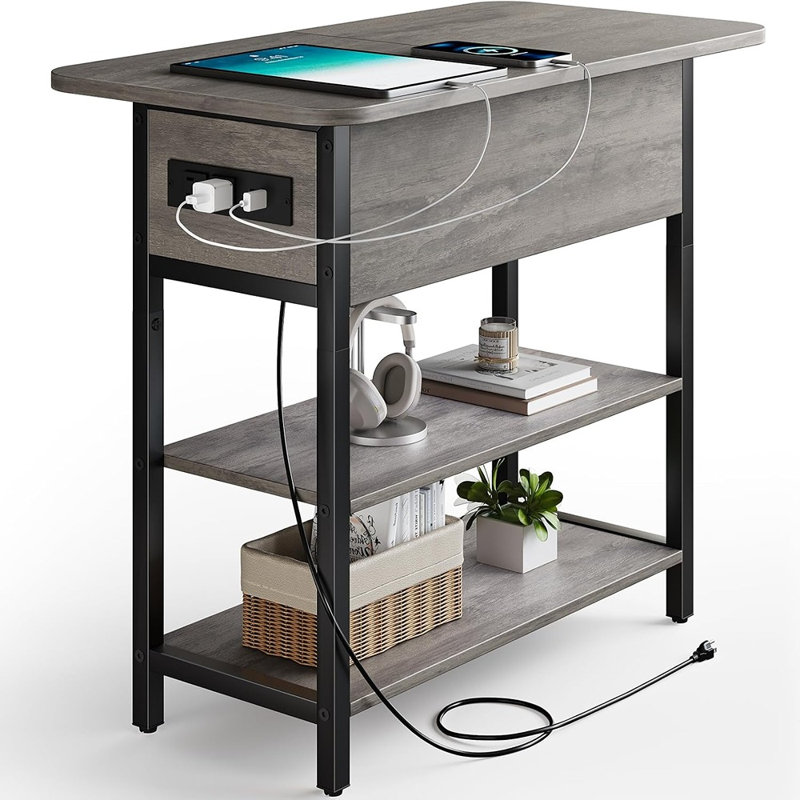 Table de bout grise avec station de charge, table d'appoint rabattable avec ports et prises USB, table de canapé étroite avec tablettes pour le salon, la chambre à coucher et les petits espaces