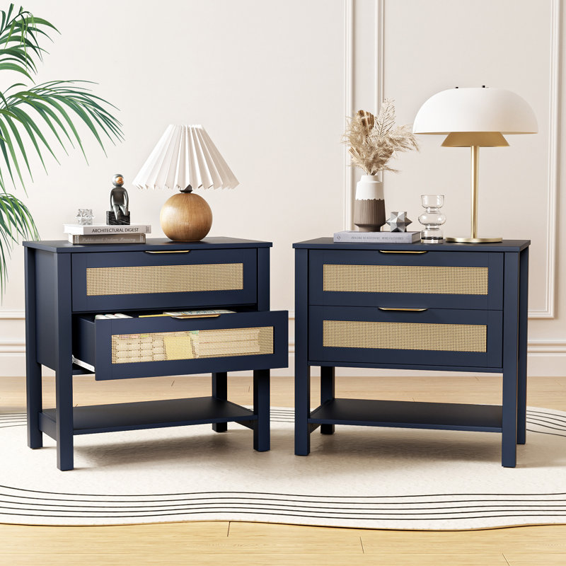 Table de chevet étroite en rotin avec 2 tiroirs et tablette de rangement Boho, Marine
