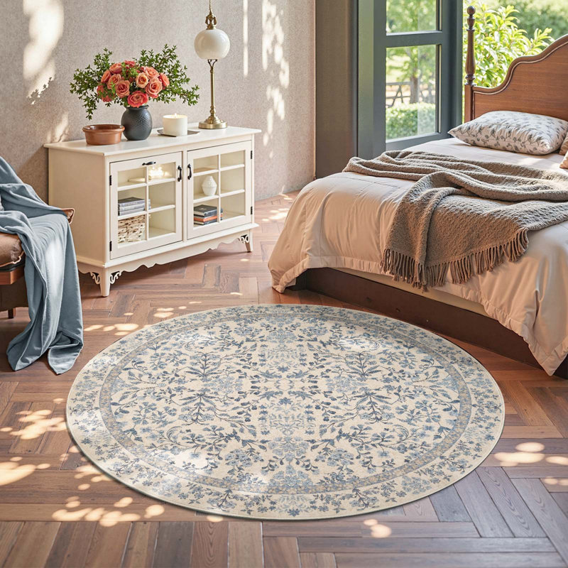 Floral Machine Washable Area Rug, Round 6', Blue