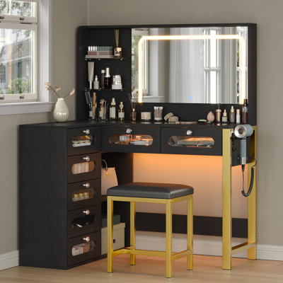 Vanity Desk with Mirror and Lights, 43" Big Modern Vanity Desk, Transparent Top Vanity with 2 RGB Drawers, with Power Outlet & Stool, Modern Ample Sto