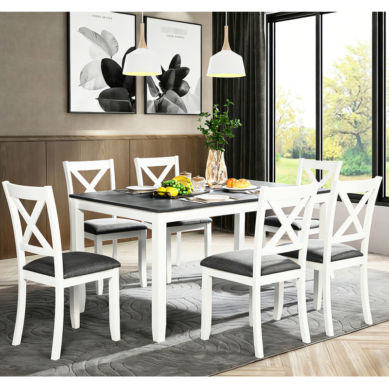 6 tables de salle à manger, table de 58,5 pouces, 6 chaises, gris et blanc, sièges en lin massif, respirant et résistant aux rayures avec 7 sièges élégants et modernes