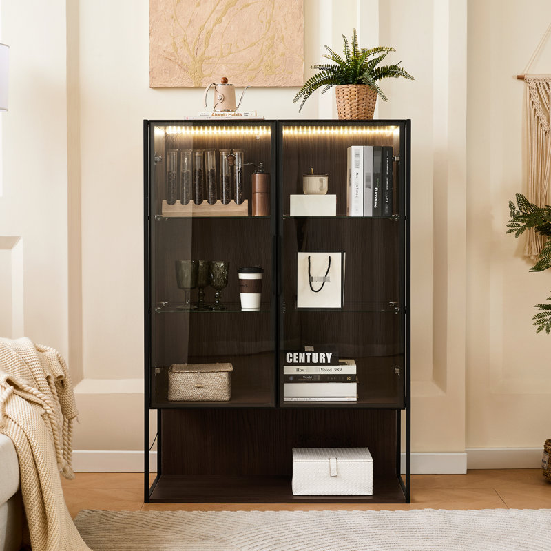 Armoire de bureau moderne et minimaliste avec éclairage à DEL - porte en verre trempé de 51,2 po de hauteur, cadre en métal pour le salon, tablettes et cadre