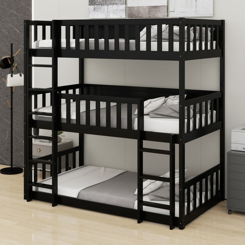 Triple Wood Bunk Bed, With Ladders, Guardrails, Black