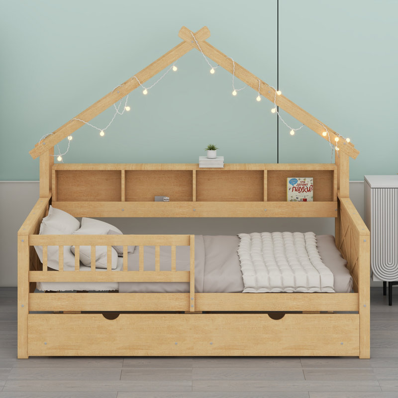 Lits plateforme en bois avec DEL, tablettes de rangement, tiroirs et garde-corps, Naturel