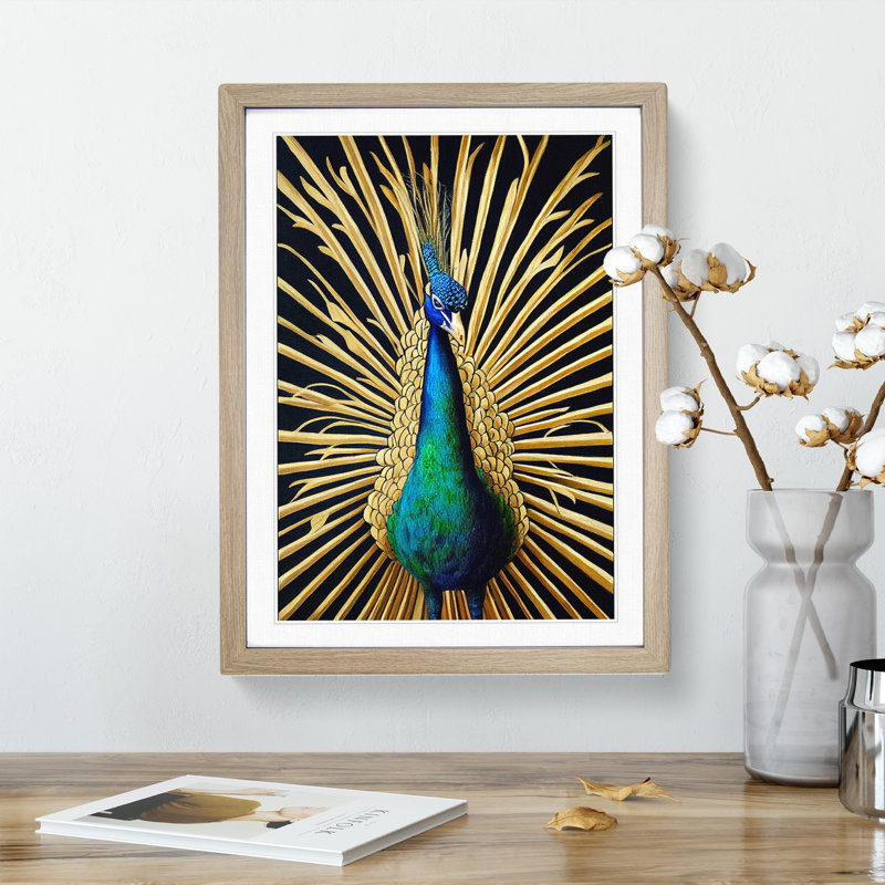 XV1022-4015X Sparkling Peacock - Single Picture Frame Print, 64cm H x 46cm W x 2cm D, Oak