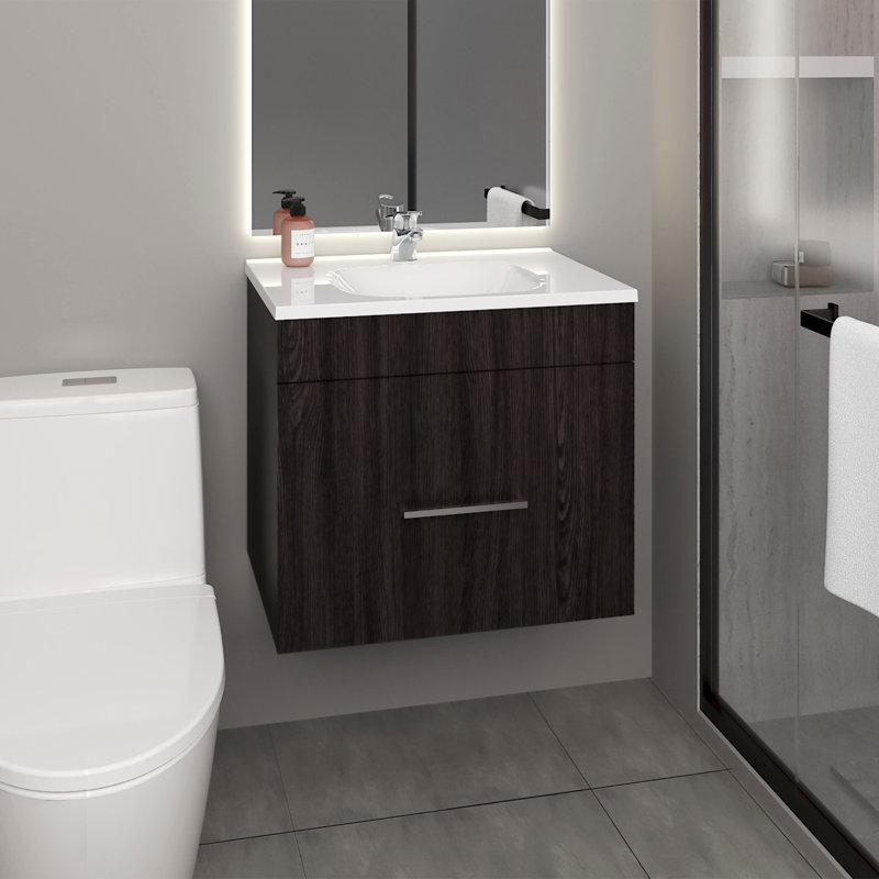 Meuble-lavabo flottant avec un tiroir large et lavabo en résine Hatta, rangement mural et lavabo moderne