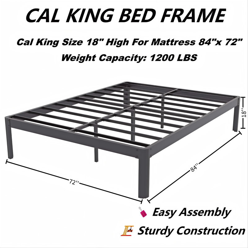 Cadre de lit California King de 45,7 cm (18 po), cadre de lit plateforme en métal robuste avec pieds aux coins arrondis, aucun sommier requis, supporte jusqu'à 544 kg (1 200 lb) grâce à ses lattes en acier, montage facile
