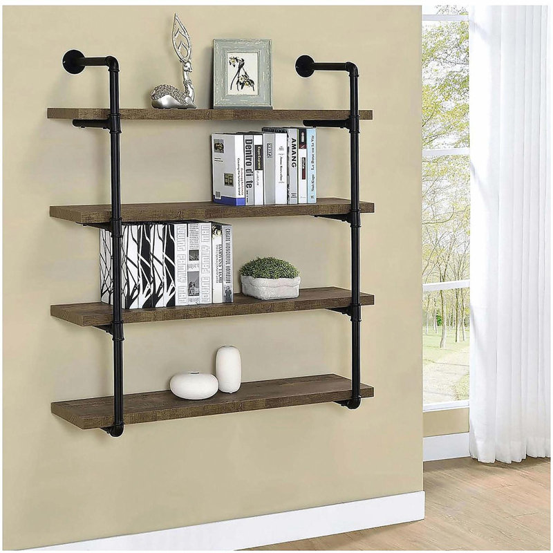 Black and Rustic Oak 40-inch Wall Shelf, Black/Brown, (4 Shelves) 46.08"H x 39.33"W x 11.58"D